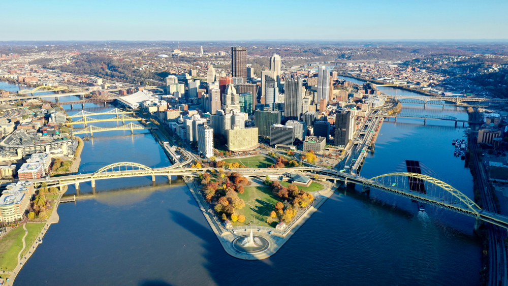 the city of pittsburgh, as seen from the point where the three rivers converge
