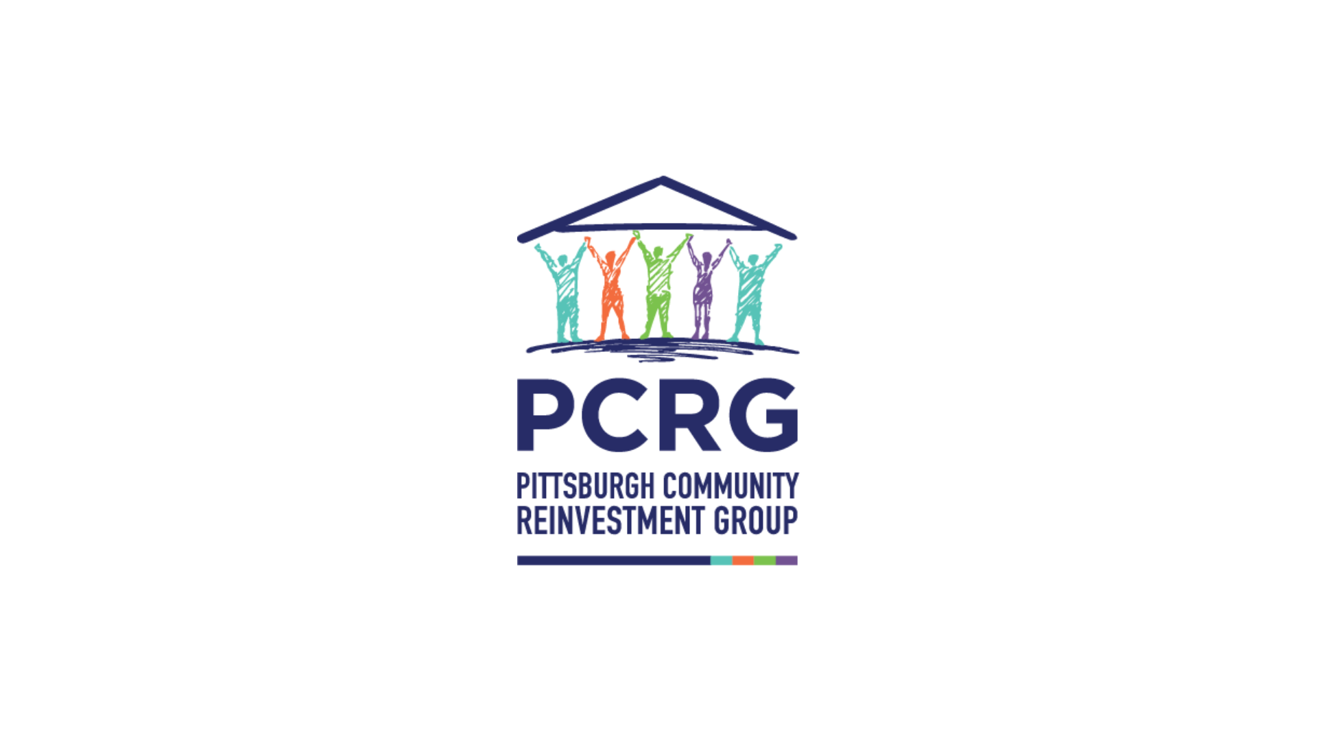 logo: PCRG, Pittsburgh Community Reinvestment Group. The logo is inside the outline of a house with 5 multi-colored people holding up their arms as if supporting the roof